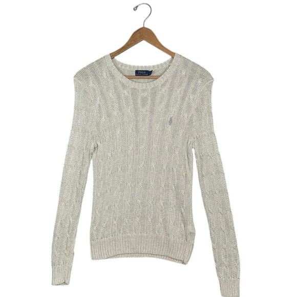 Polo Ralph Lauren Metallic Gold Cable Knit Crewneck Sweater Cotton Blend | Large - Picture 11 of 12